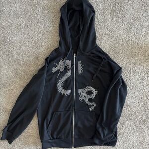 Black Zip Hoodie with Silver rhinestone Dragon Embroidery Y2K Oversized